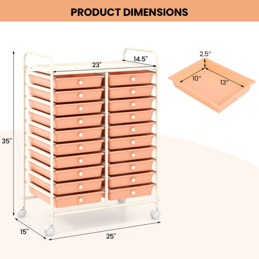 Costway 20 Drawers Rolling Storage Cart Studio Organizer-Peach