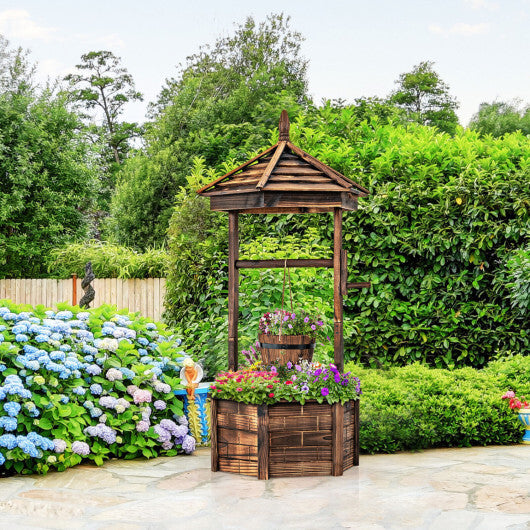 Wooden Wishing Well Hexagonal Bucket Flower Plants Planter Patio Garden Decor