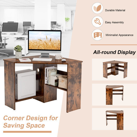 Costway Corner Computer Desk Triangle Writing Workstation with Storage Shelf-Rustic Brown