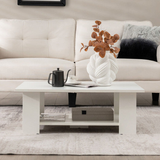 Costway Large 36 Inch 2-Tier Wooden Modern Coffee Table with Storage Shelf-White