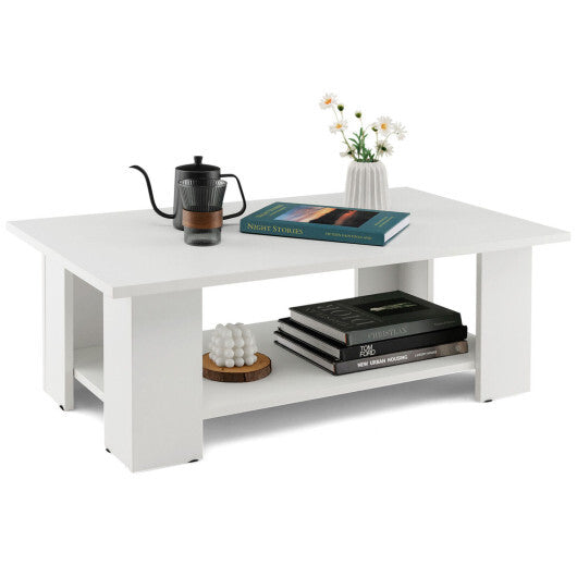 Costway Large 36 Inch 2-Tier Wooden Modern Coffee Table with Storage Shelf-White