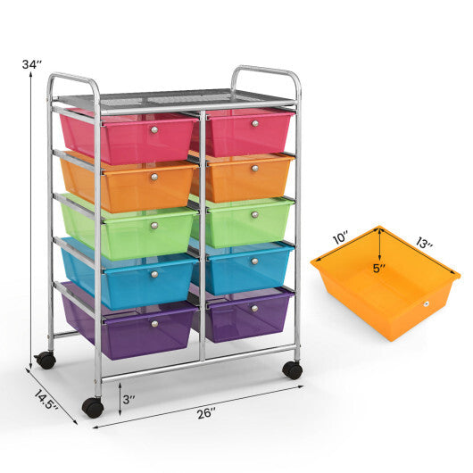 Costway 10-Drawer Rolling Storage Cart-Transparent Multicolor