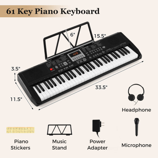 Costway 61 Keys Portable Keyboard for Beginners Electric Piano Keyboard Kit with 200 Rhythms and 200 Tones-Black
