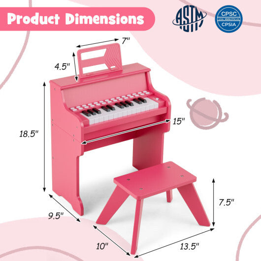 Costway 25 Keys Kids Piano Keyboard with Stool Mini Digital Piano Wooden Toy with Adjustable Speed and Volume-Pink