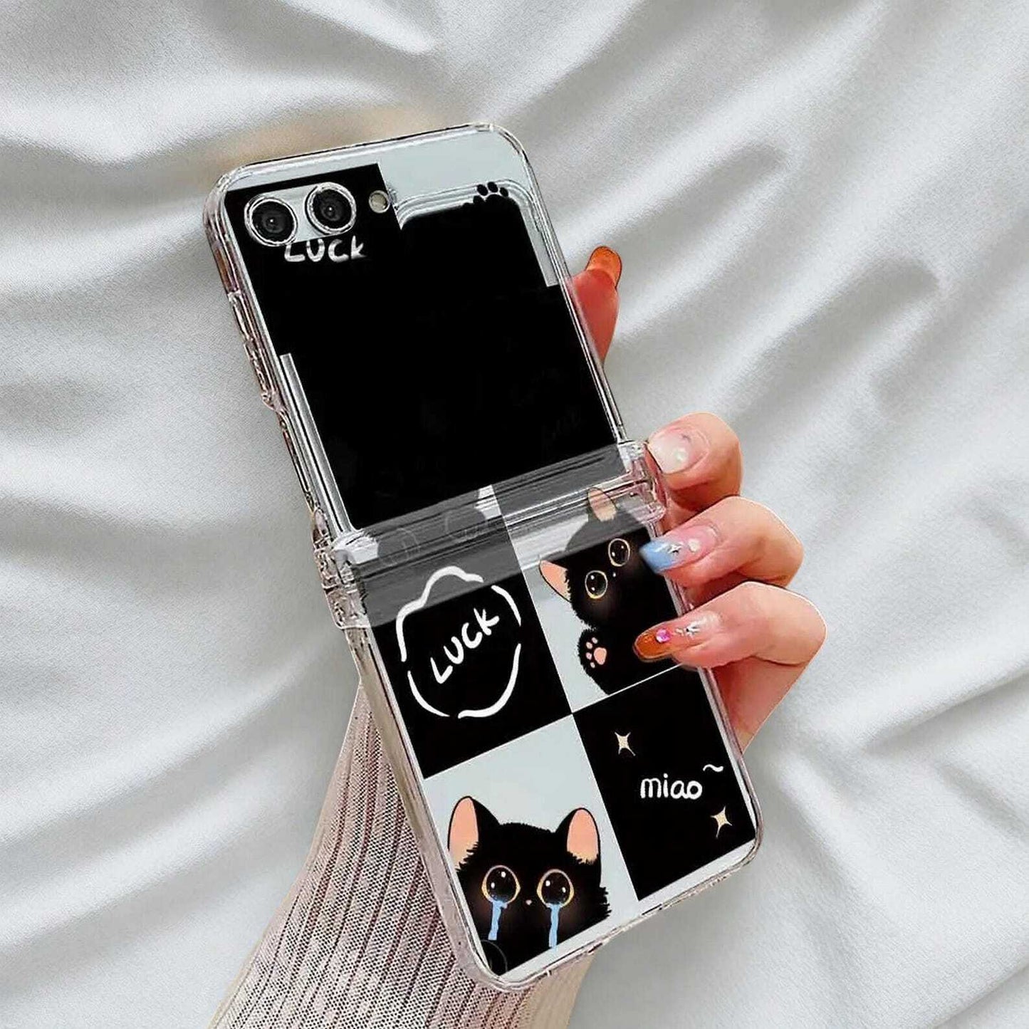 Cute Cat Clear Case for Samsung Galaxy Z Flip 6/5/4/3 - Transparent Hard Folding Cover with Stylish Design and Strong Protection